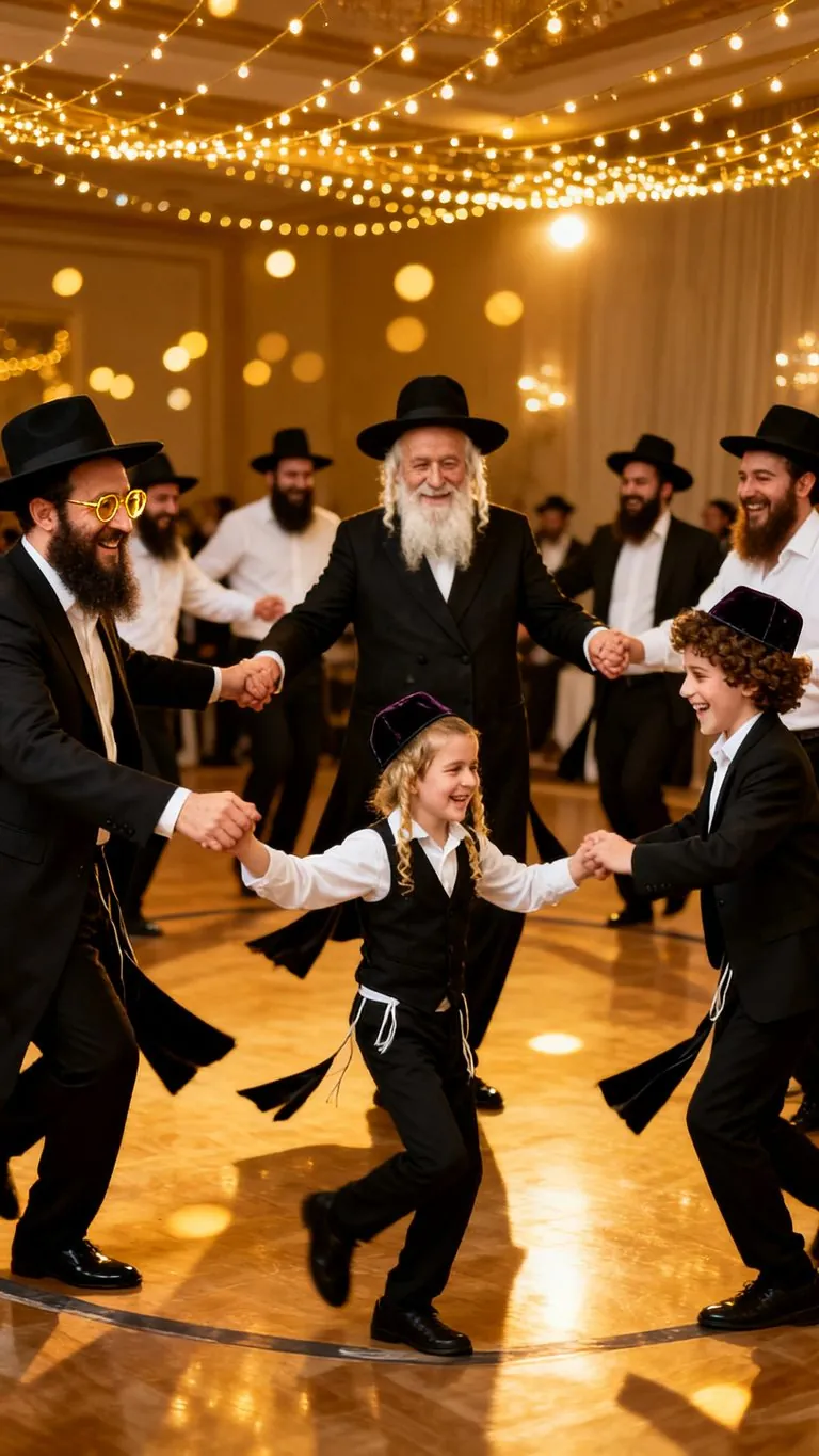 סבא, אבא והבנים רוקדים במעגל בשמחה