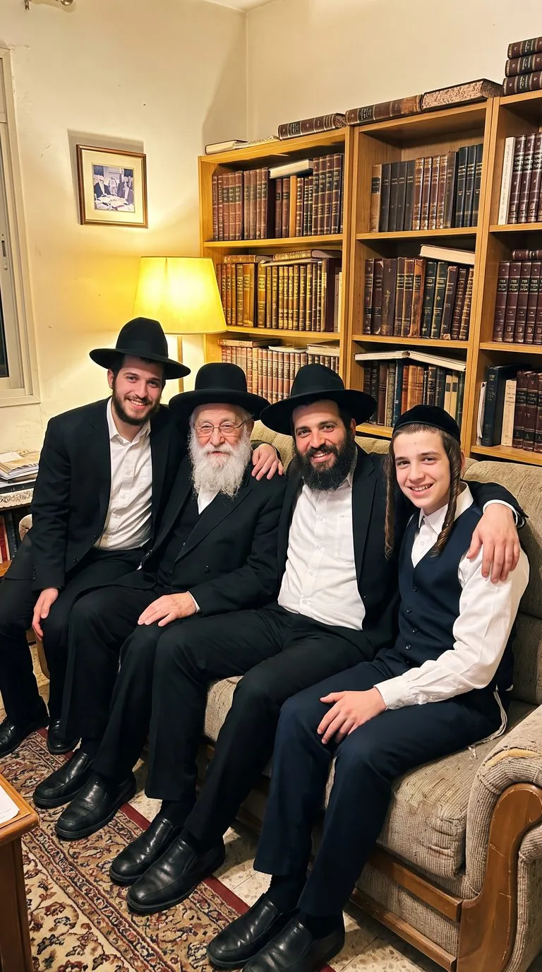 סבא, אבא ושני בנים בסלון ביתם